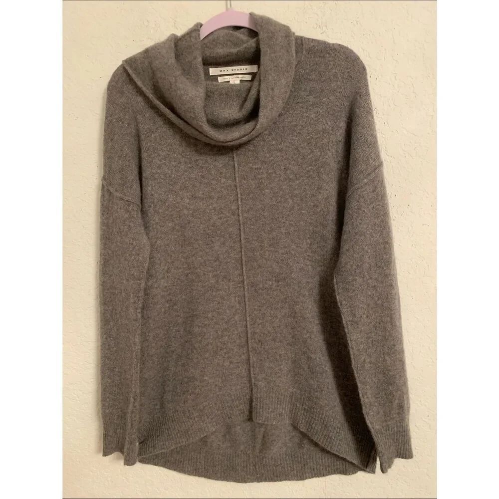 Max Studio 100% 2Ply Cashmere Heather Gray Cowl Neck Sweater Size L
